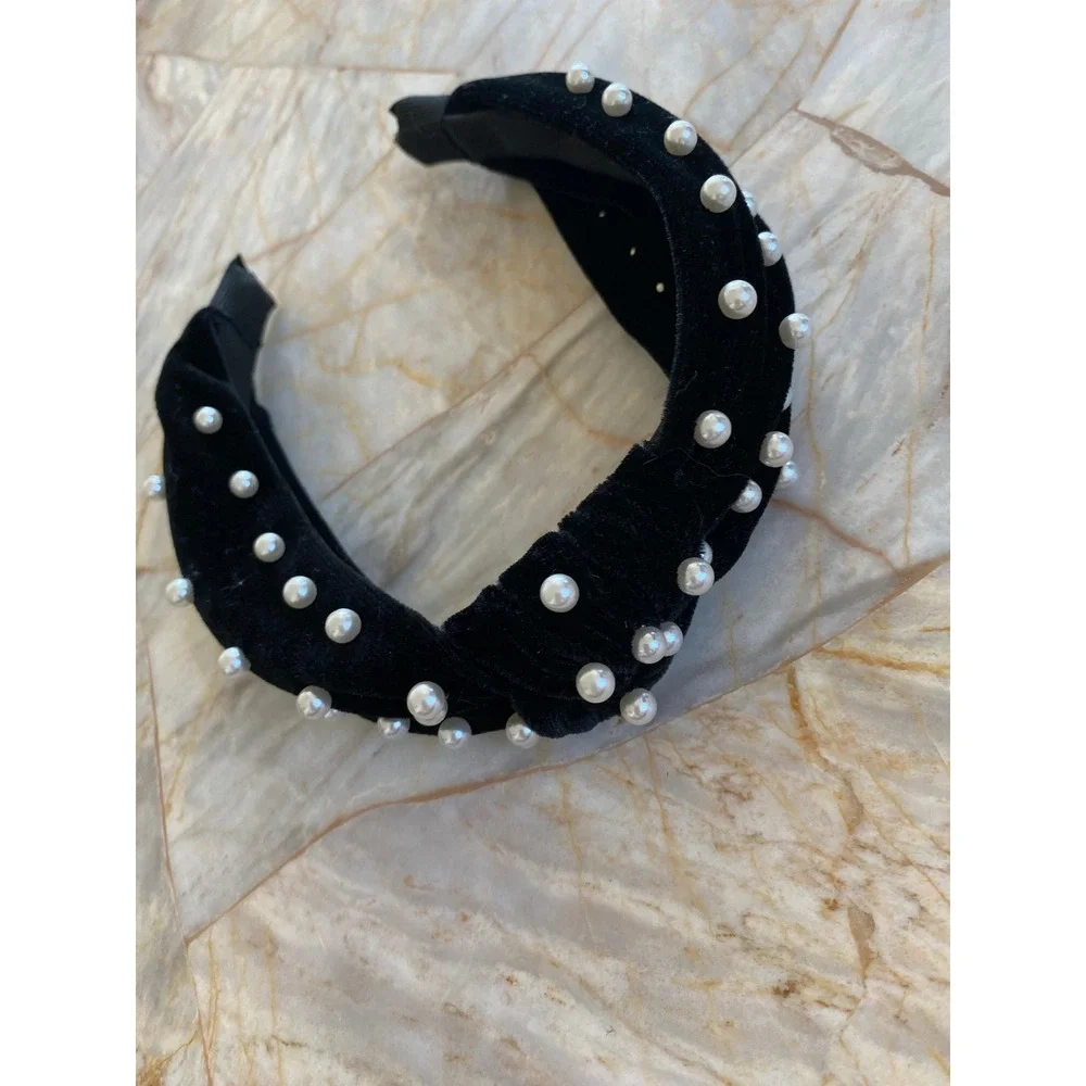 Black Velvet Faux Pearl Top Knot Headband Wide Statement Hair Accessory